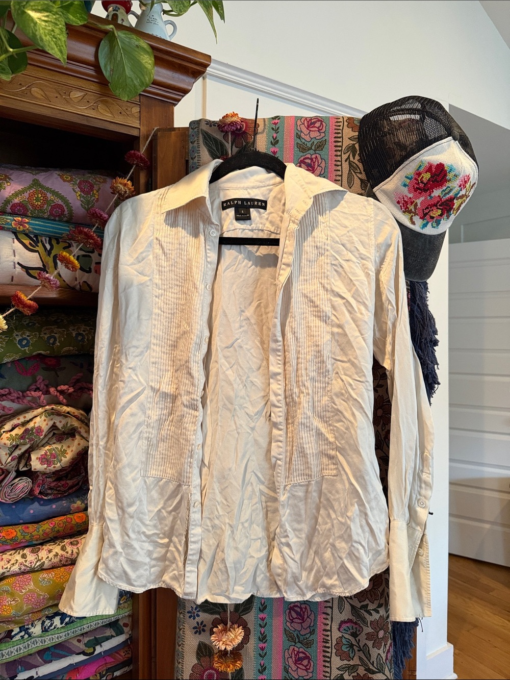 VTG Ralph Lauren Cream Pintuck Button-Down Shirt